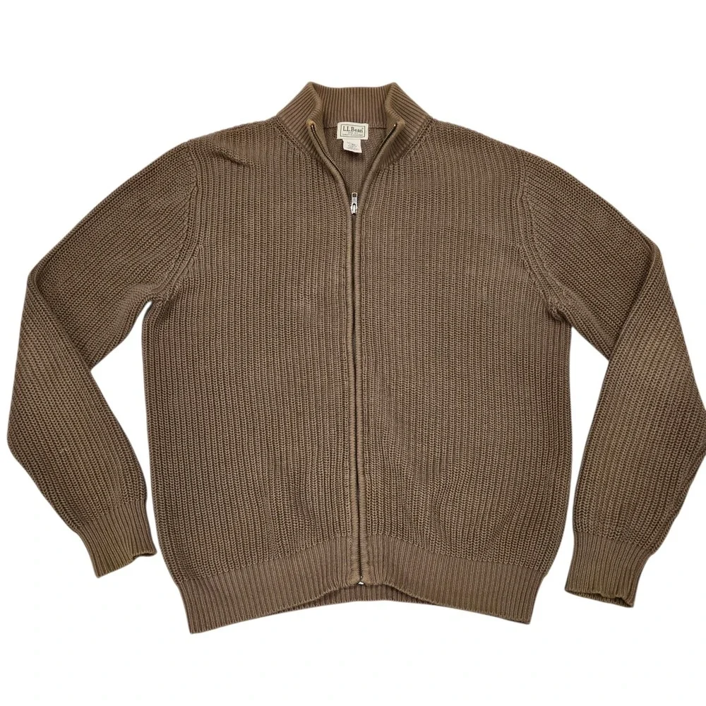 Vtg 90s LL Bean Full Zip Chunky Knit Ribbed Cotton Sweater Dark Tan Men's L MINT